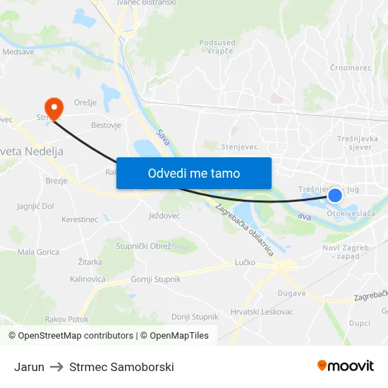 Jarun to Strmec Samoborski map
