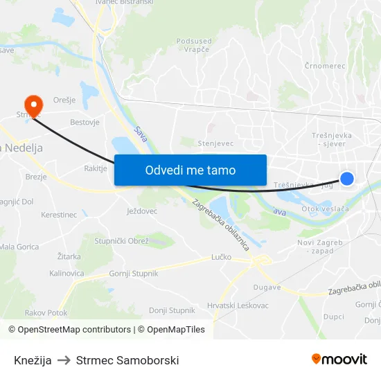 Knežija to Strmec Samoborski map