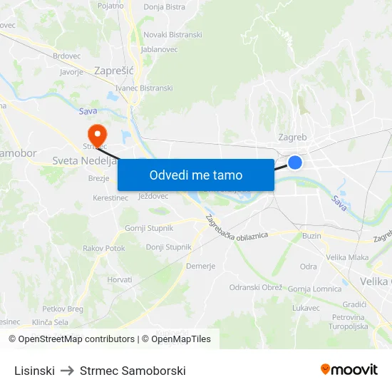 Lisinski to Strmec Samoborski map