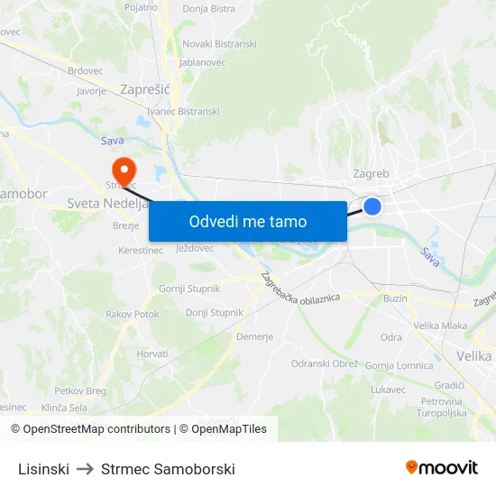 Lisinski to Strmec Samoborski map