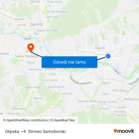 Olipska to Strmec Samoborski map