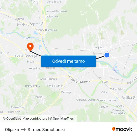 Olipska to Strmec Samoborski map