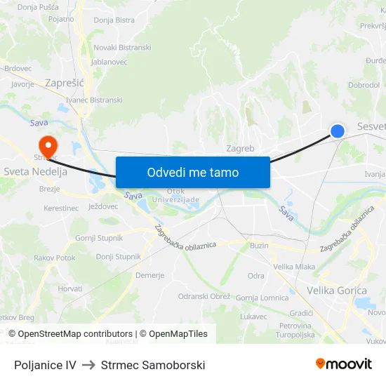 Poljanice IV to Strmec Samoborski map