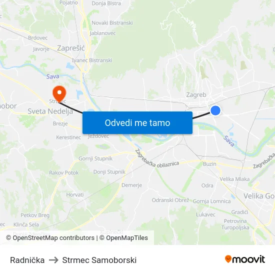 Radnička to Strmec Samoborski map