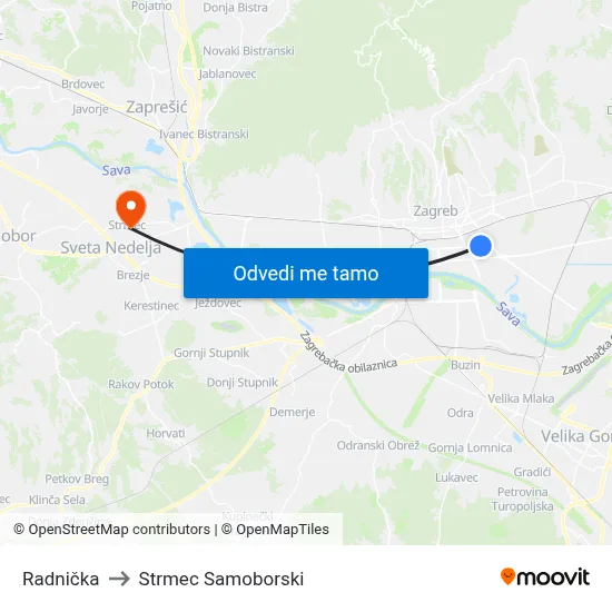 Radnička to Strmec Samoborski map