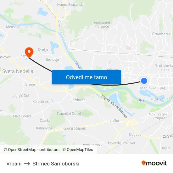 Vrbani to Strmec Samoborski map
