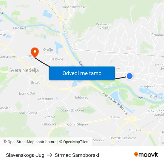 Slavenskoga-Jug to Strmec Samoborski map