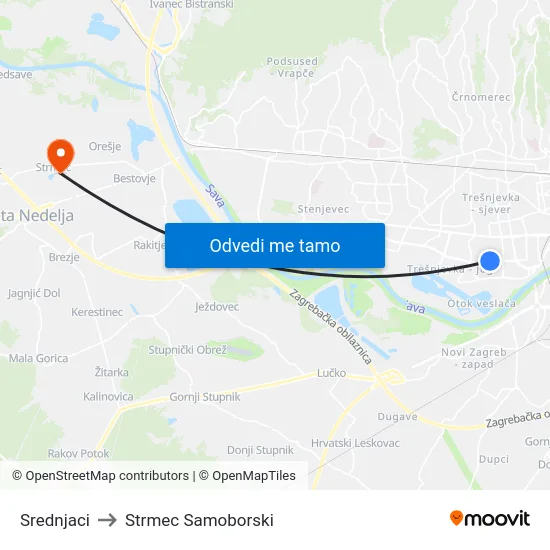 Srednjaci to Strmec Samoborski map