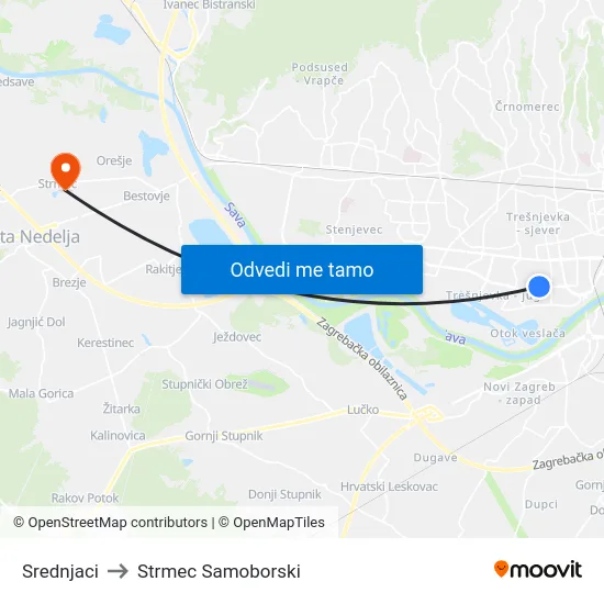 Srednjaci to Strmec Samoborski map