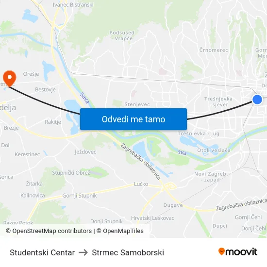 Studentski Centar to Strmec Samoborski map