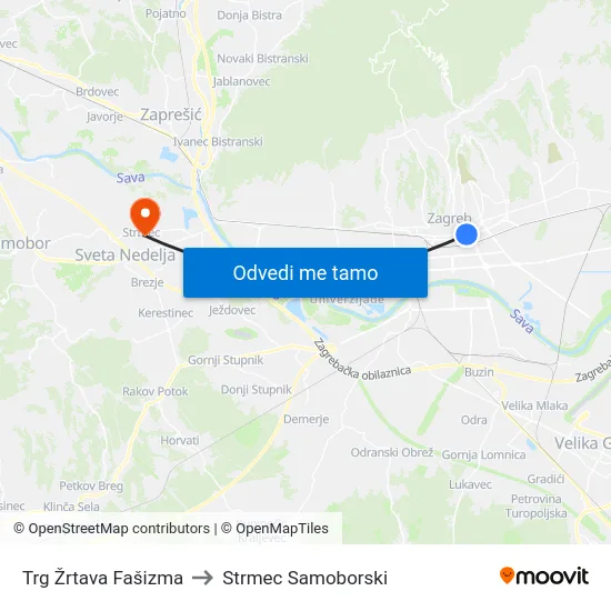 Trg Žrtava Fašizma to Strmec Samoborski map