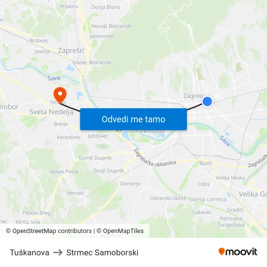 Tuškanova to Strmec Samoborski map