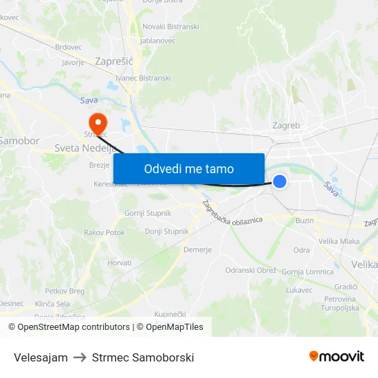 Velesajam to Strmec Samoborski map