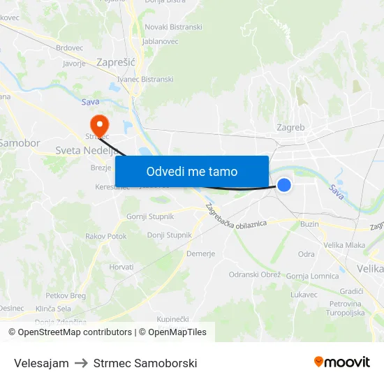 Velesajam to Strmec Samoborski map