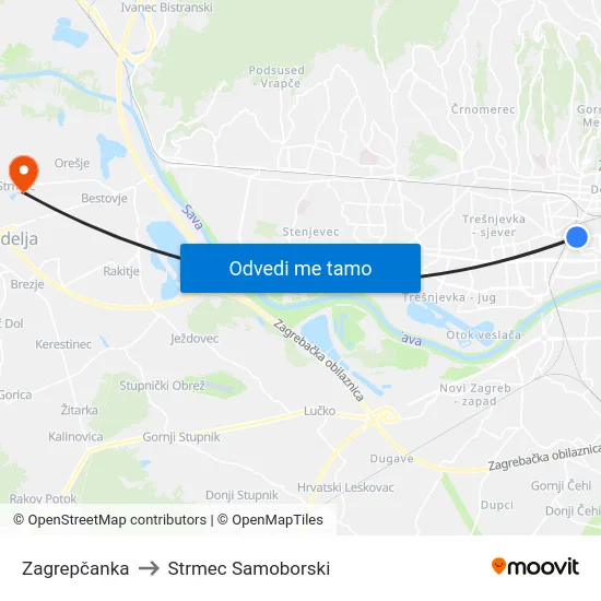 Zagrepčanka to Strmec Samoborski map