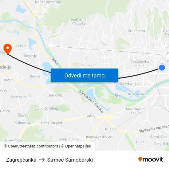 Zagrepčanka to Strmec Samoborski map