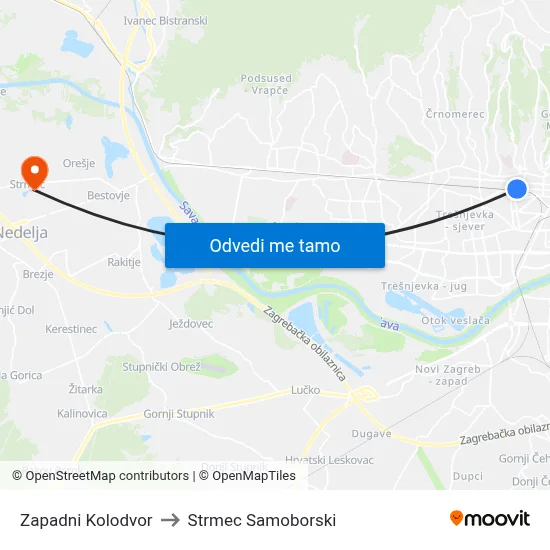 Zapadni Kolodvor to Strmec Samoborski map