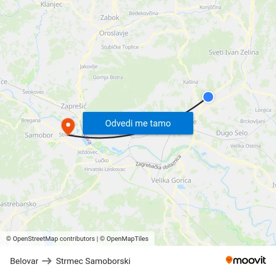 Belovar to Strmec Samoborski map