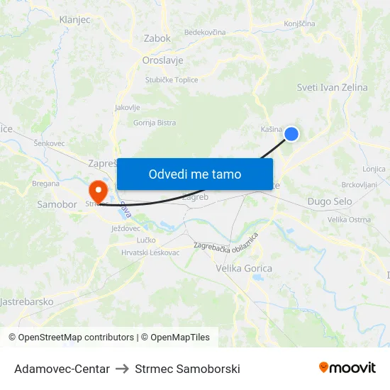 Adamovec-Centar to Strmec Samoborski map