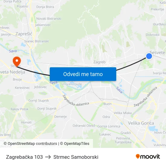 Zagrebačka 103 to Strmec Samoborski map