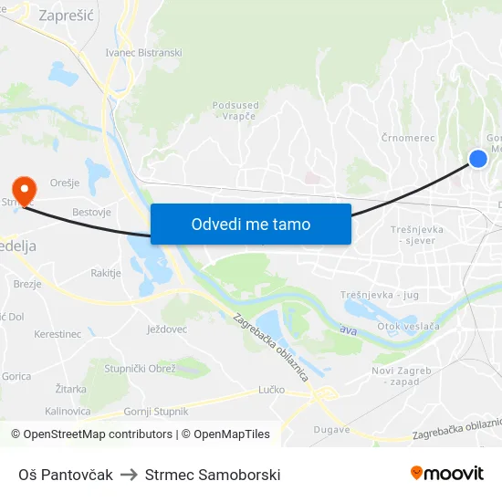 Oš Pantovčak to Strmec Samoborski map