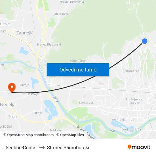 Šestine-Centar to Strmec Samoborski map