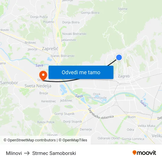 Mlinovi to Strmec Samoborski map