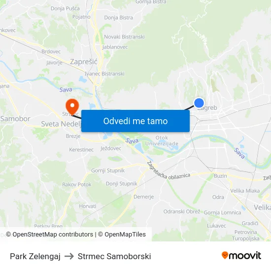 Park Zelengaj to Strmec Samoborski map