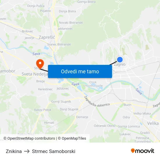 Znikina to Strmec Samoborski map