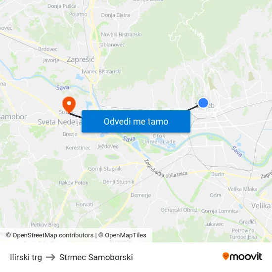Ilirski trg to Strmec Samoborski map