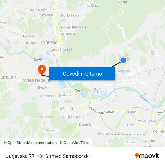 Jurjevska 77 to Strmec Samoborski map