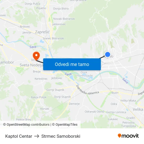 Kaptol Centar to Strmec Samoborski map