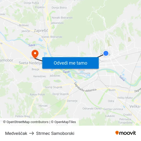 Medveščak to Strmec Samoborski map