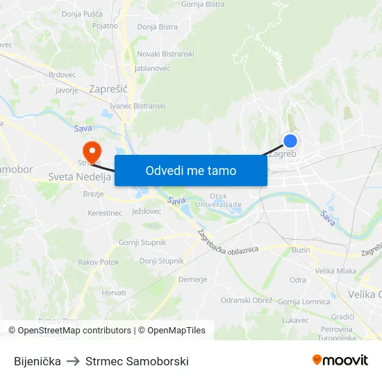 Bijenička to Strmec Samoborski map