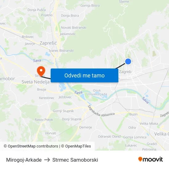 Mirogoj-Arkade to Strmec Samoborski map