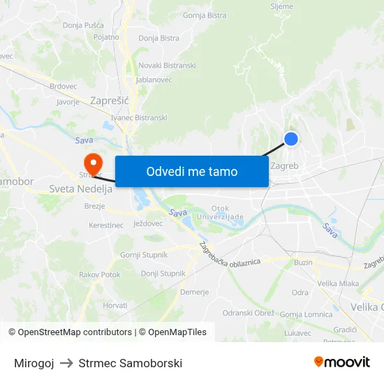 Mirogoj to Strmec Samoborski map