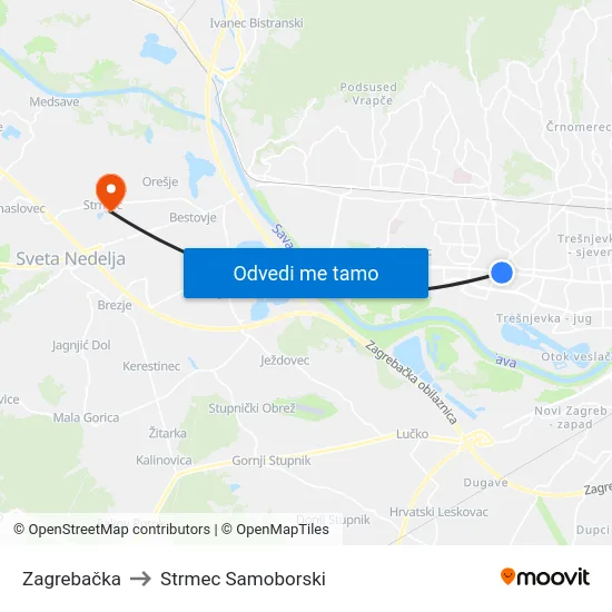 Zagrebačka to Strmec Samoborski map