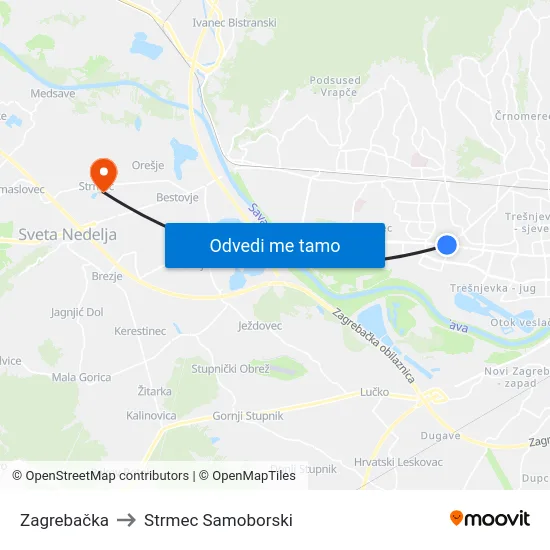 Zagrebačka to Strmec Samoborski map