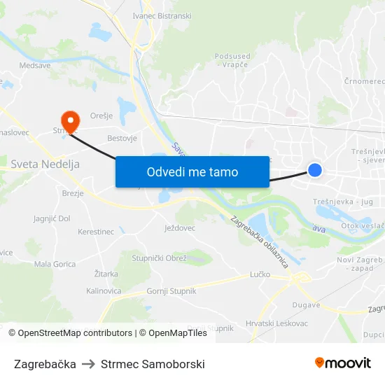 Zagrebačka to Strmec Samoborski map