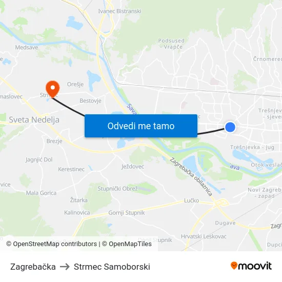 Zagrebačka to Strmec Samoborski map