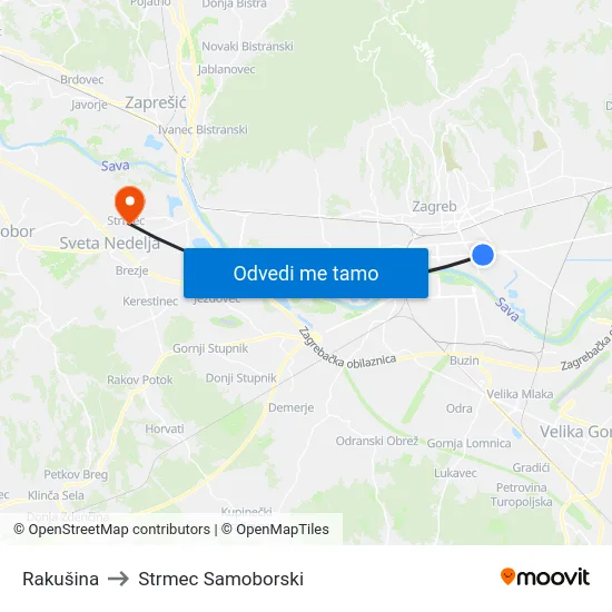 Rakušina to Strmec Samoborski map