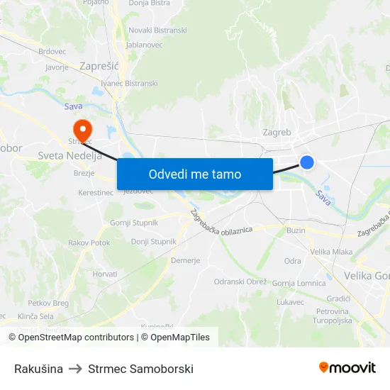 Rakušina to Strmec Samoborski map