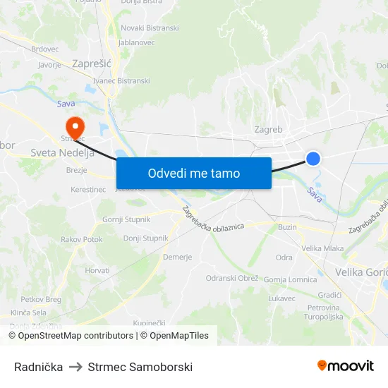 Radnička to Strmec Samoborski map