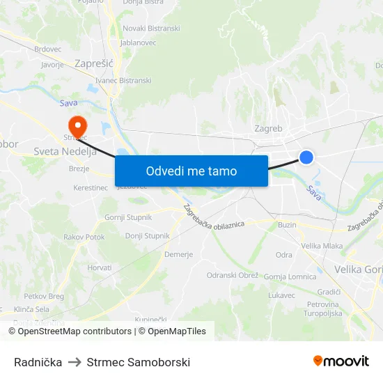 Radnička to Strmec Samoborski map