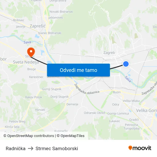 Radnička to Strmec Samoborski map