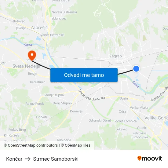 Končar to Strmec Samoborski map