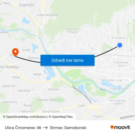 Ulica Črnomerec 46 to Strmec Samoborski map