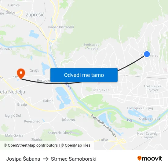 Josipa Šabana to Strmec Samoborski map