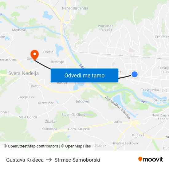 Gustava Krkleca to Strmec Samoborski map
