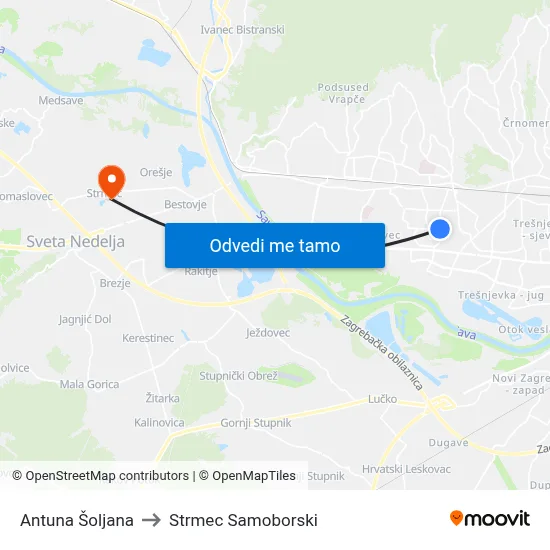 Antuna Šoljana to Strmec Samoborski map